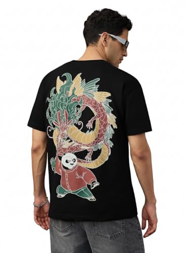 The Souled Store Kung Fu Panda: Glow Po Men and Boys Short Sleeves Round Neck Black Graphic Printed Dragon Graphic Casual Drop Shoulder Cotton Oversized T-Shirt