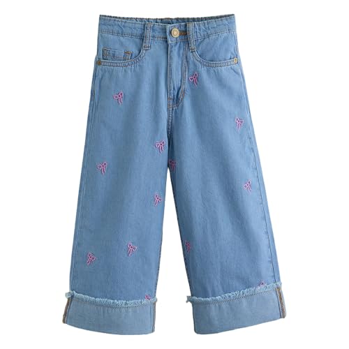 Hopscotch Girls Bow Embroidered Denim Straight Jeans in Blue Color for Age (9-10 Years)