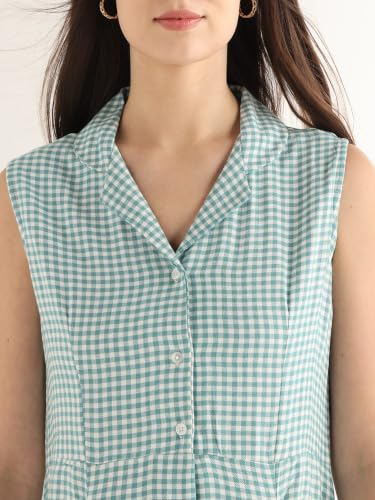 Hancock Women Green & White Gingham Checked Lapel Collar Pure Cotton Shirt Style Midi Dress