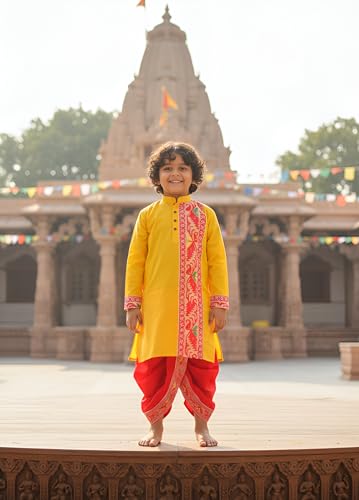 NEEDLE GO TRADITIONAL Boys Cotton Jamdani Kurta with Silk Dhoti Set, Traditional Indian Ethnic Wear, Full Sleeve, 2-14 Years, All Festival, 2 Piece Set for Festivals (YELLOW, 2-3 YEAR)