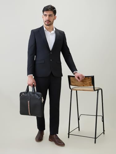 Raymond Men Contemporary Fit Solid Pattern Poly Viscose Blend Notch Lapel Full Sleeve Formal Suit Black