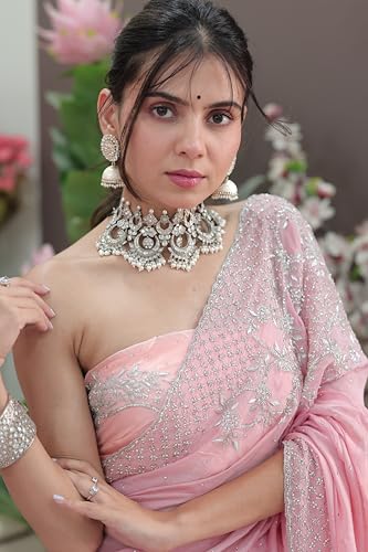 Haus Of Auraa Women’s Festive Traditional Attire with Detailed Weave & Graceful Finish Blush Glimmer Pink Saree with Sequin & Cutdana Detailing