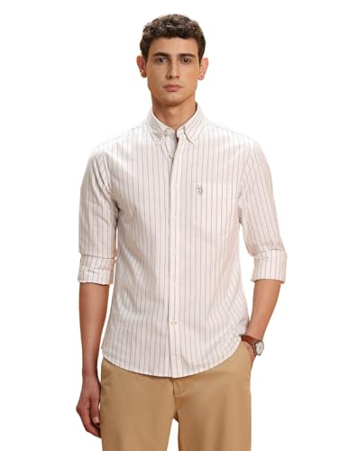 U.S.Polo ASSN. Men's Striped Tailored Fit Button Down Shirt (USSHT3094_Beige