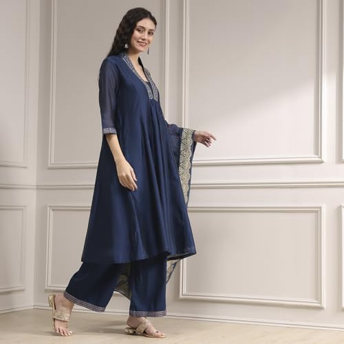 Biba Women Blue Chanderi Gathered Dyed Kurta Set_42