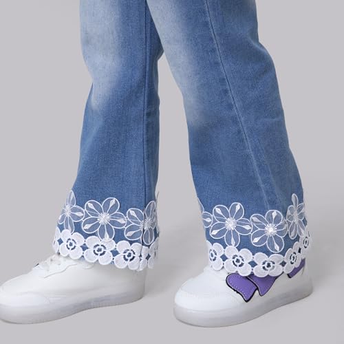 Hopscotch Girls Floral Lace Embellished Denim Jeans in Blue Color for Age (3-4 Years)