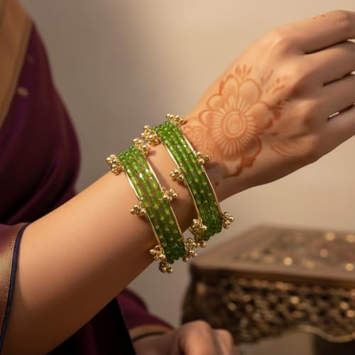 KAYASHA Totai Kashmiri Ghungroo Glass Bangle Set for Women | Light Weight Bangles | Traditional Transparent Fancy Glass Chudi Set for Wedding, Party|Set Of 16(12 Glass + 4 ghungroo bangles)