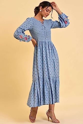 W for Woman Women's Rayon Light Blue Printed Tiered Long Dress Ankle Length 23FEW18840-810336