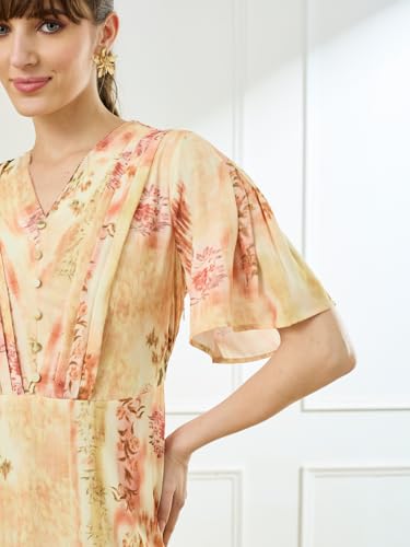Latin Quarters Women's Yellow Half Sleeves V-Neck Casual Printed Dress_M