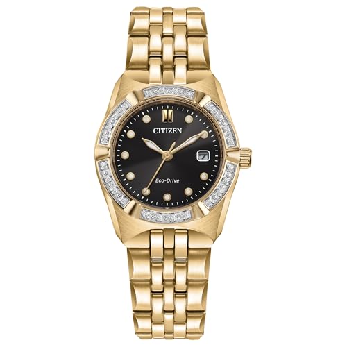 Citizen Ladies Eco-Drive Dress Classic Corso Watch, Diamond-Accented Bezel, Black Dial (Model: EW2712-55E), Gold-Tone, 6 1/4 inches, Modern, Gold-Tone, 6 1/4 inches, Modern