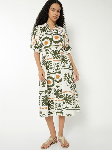 Max Women Printed A-line Dress (White_M)