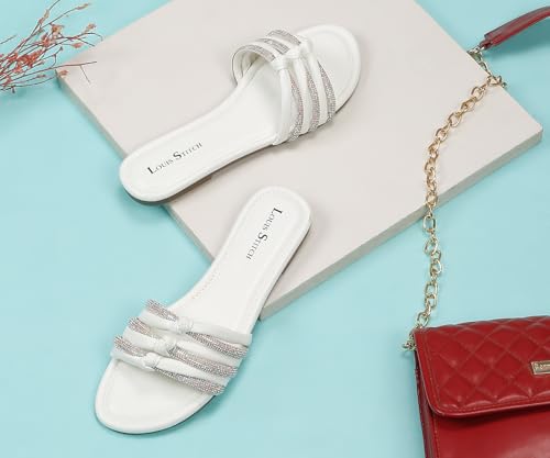 LOUIS STITCH Women's Fashion Flat Slip On Sandals | Open Toe White Stylish Flat Sandal for Ladies, Comfortable All Day Wear Slipper | LSOF-LDSL-GLTSWH | UK-5