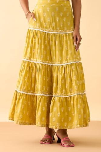 Taneira Women Dark Yellow Pure Cotton Rajasthan Screen Printed Lehenga (LEAM31DYL-Dark Yellow-L)
