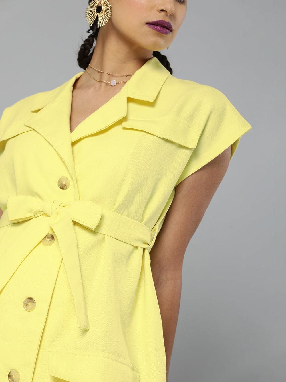 Sassafras Women's Solid Yellow Blazer Style Short Dress