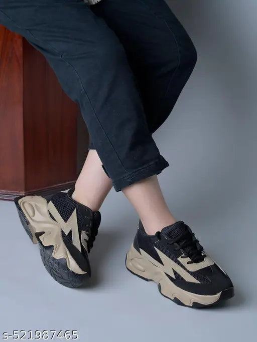 Women's  Chunky Sneakers Casual Shoe Fashionable Running Walking Gym Shoes for Women's & Girl's 2 Inch Height - (Black-Beige)