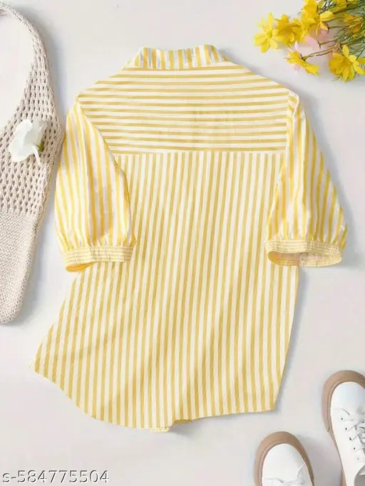 Women Yellow & White Vertical Striped Mandarin Collar Top