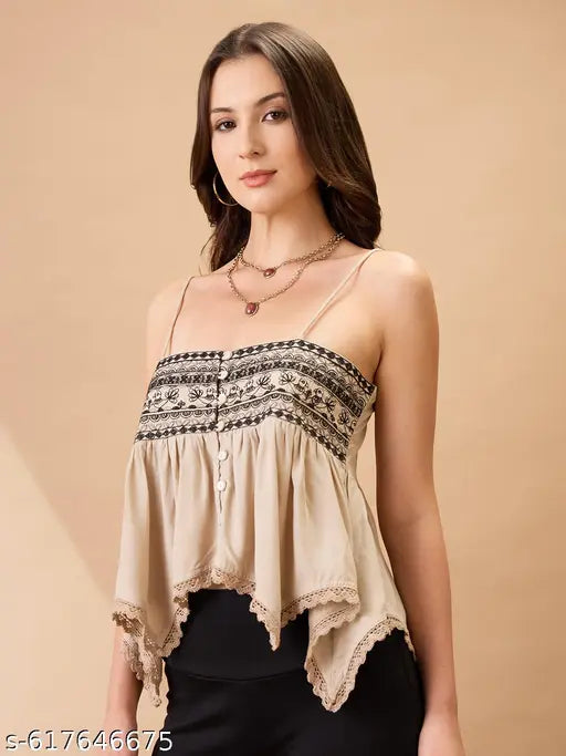 Globus Women Beige Embroidered Square Neck Shoulder Strap Asymmetric Hem Fusion Tunic