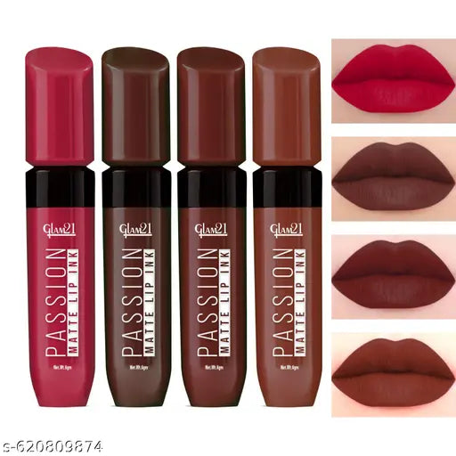 Glam21 Passion Matte Lip Ink | Upto 12-Hour Color Stay | Lightweight & Comfortable | Non-Sticky And Non-Drying | Shades-Lady In Pink, Dark Nights, Purple Kiss & Nude Pout 6gm Each | Pack Of 4