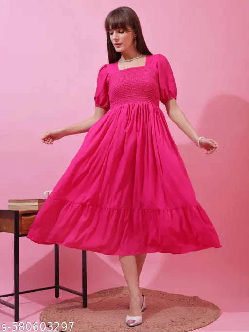 Honky Tonky Pink Solid Smocked Fit & Flare Midi Dress with Puff Sleeves