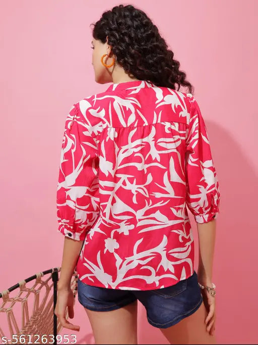 Honky Tonky Bold Pink & White Printed Top in Crepe Fabric with Cuffed Sleeves for Women