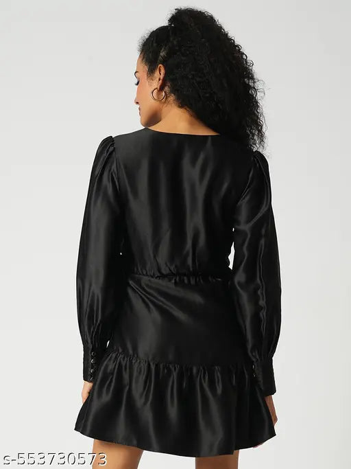 Globus Women Black Neck Cuffed Sleeves Tiered Satin Mini Party Dress