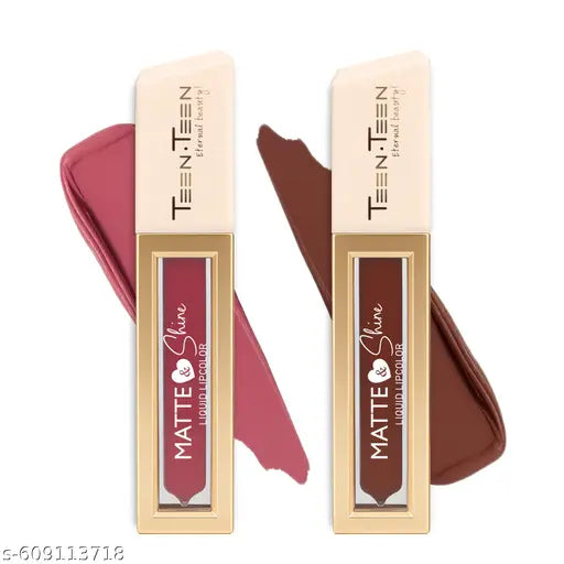 Teen Teen Matte & Shine Liquid Lipcolor Lipstick, Waterproof, Soft Swipe, Longer Stay, Wakeup-Makeup & Rumor-Has-It 4ml