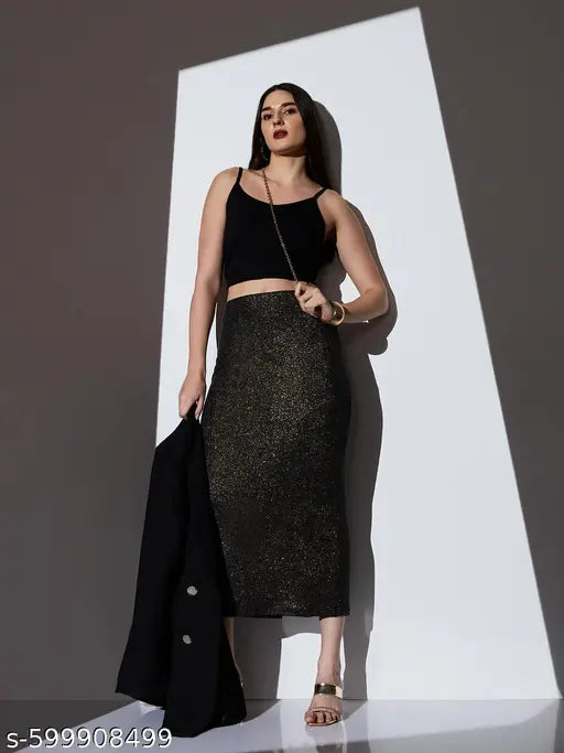 Globus Women Gold Mid-Rise Self Design Striped Stretchable Back Slit Midi Party Pencil Skirt