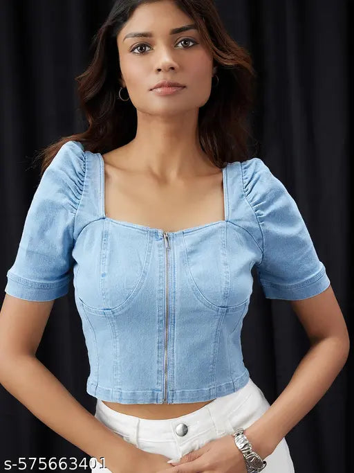 Globus Women Blue Square Neck Puff Sleeves Denim Corset Top
