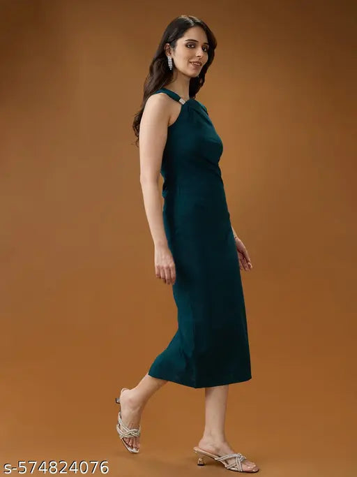 Globus Women Green One Shoulder Twisted Detail Back Slit Midi Bodycon Party Dress