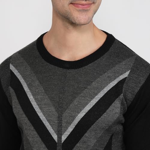 Raymond Men Regular Fit Intarsia Pattern Merino Wool Acrylic Blend Full Sleeve Round Neck Casual Sweater Black