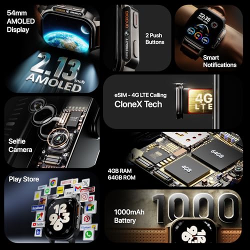 Fire-Boltt Snapp Smart Watch, Selfie Camera, 4G Nano-SIM Slot, 54.1mm AMOLED Display, Play Store- Unlimited apps, 1000mAh Battery, 2GB/4GB RAM + 16GB/64GB ROM (Jet Black Luxe)