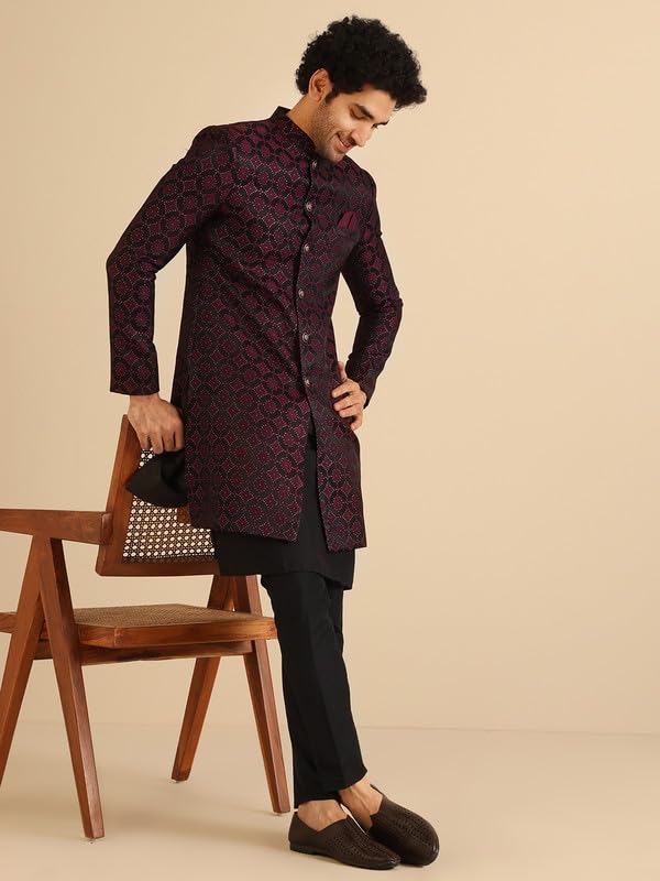 KISAH Sherwani Set for Men – Silk Blend Woven Jacquard Indo Western Sherwani with Kurta and Trouser | Designer Ethnic Outfit for Weddings & Festivals, Burgundy, 42