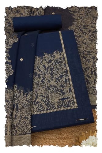 Soch Womens Navy Blue Chanderi Woven Design Unstitched Dress Material