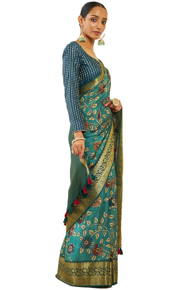 Soch Womens Turquoise Blue Crepe Saree With Floral Kalamkari Print And Zari Borders
