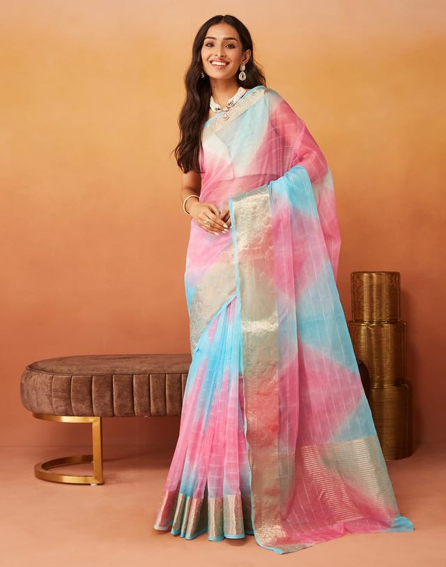 SIRIL Women's Organza Jacquard Saree | Woven Zari Stripe Saree With Unstitched Blouse Piece (3644S429A_Blue & Pink)