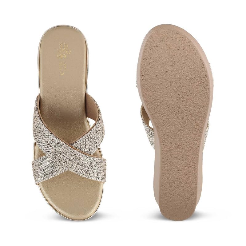 tresmode 239-GLAMR GOLD WOMEN DRESS WEDGE SANDALS EU/39 UK/6