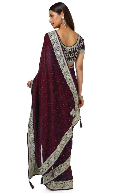 Soch Womens Maroon Zari Embroidery Tussar Saree With Stone Embellish