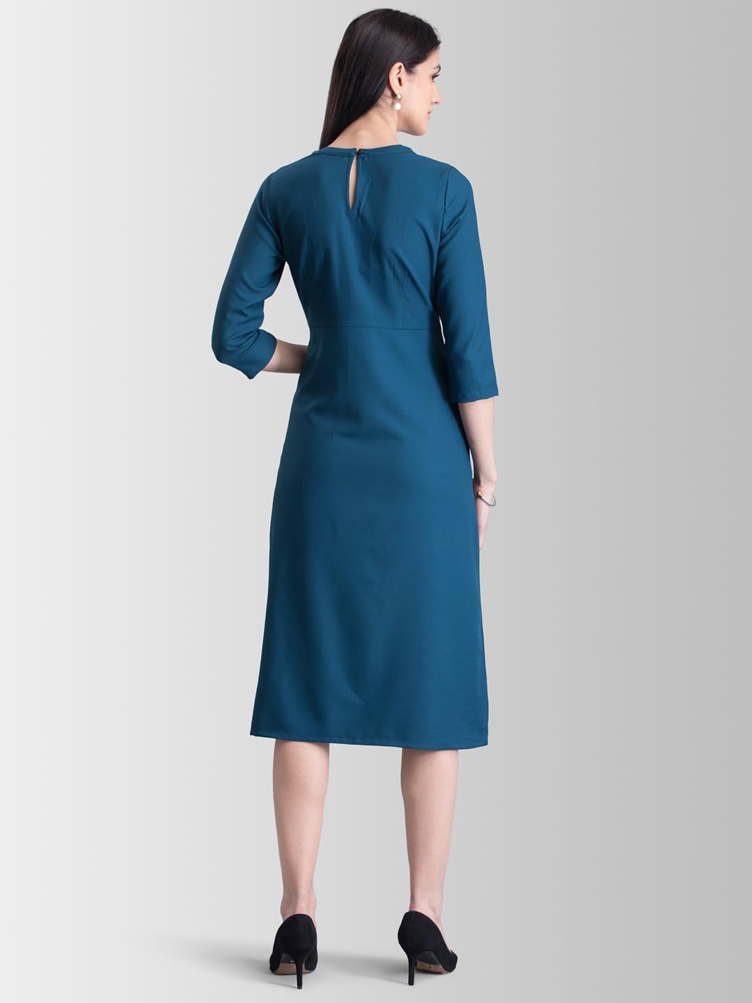 FableStreet Women's Polyester Stylised Neck Pintuck Midi Dress Teal