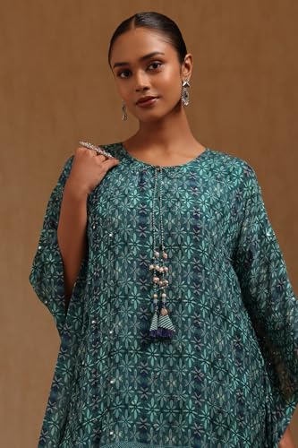Soch Womens Turquoise Blue Chinon Floral Print Kaftan Suit Faux Mirror And With Sequins