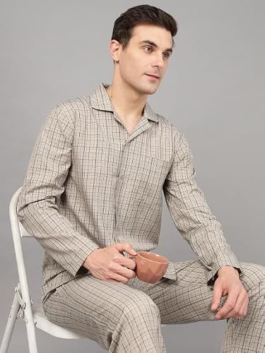 English Navy Men Checked Night Suit Khaki S, Ideal for Daily Loungewear and Sleepwear, Gentle on Skin for All Night Comfort, Machine Washable Easy Care Fabric