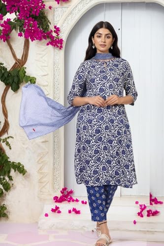W for Woman Blue Floral Block Print Straight Kurta with Straight Pant and Dupatta Set (WS13531-127098-M)
