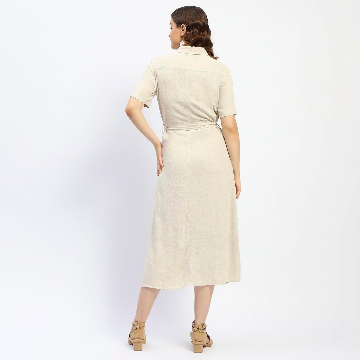 Madame Beige Button Down Viscose Blend Shirt Dress