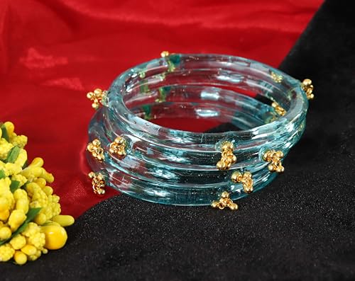 STYOLLO Crystal Kashmiri Ghungroo Glass Kada For Women & Girls | Decorative Stone Pattern | Festival Party Jewelry | Glass Bangle For Gift - Set of 4 (SYL_ABS6-Surf-2.8)