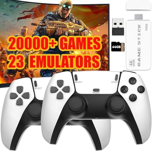4K Wireless Retro Game Console Stick with 2 Controllers, Built-in 23+ Emulators with 20,000+ Games, 64GB Memory Card, HDMI Plug and Play TV Video Game Console, 2.4GHz Wireless