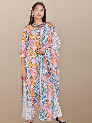 KASANI Printed Plus Size Kurta Set for Women, Plussize Suit Set, Straight Kurta with Palazzo and Dupatta (3XL to 10XL) Orange