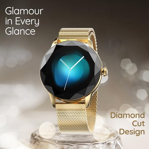 Pebble Vienna Smartwatch for Women with HD Display, Diamond-Cut Design, Glossy Metallic Finish, Mesh Metal Strap, Female Health Monitoring, DIY Watch Faces - Classic Gold