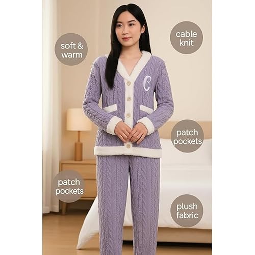 Cigain Women’s Super Soft Fleece Pajama Set – Warm Winter Loungewear Two-Piece Set (Plus Size, Purple, Medium)