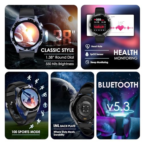 itel 42 Smartwatch with 1.38'' HD IPS Display, Bluetooth Calling, 12 Days Battery, TWS Pairing, Multiple Sports Modes, IP68 Water Resistant, Heart Rate Monitoring and SpO2 Sensor (Black)