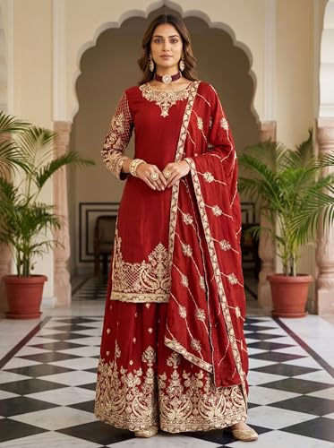 Leeli Peeri Designer Women's Chinon Silk Embroidery Kurta Sharara and Dupatta Set
