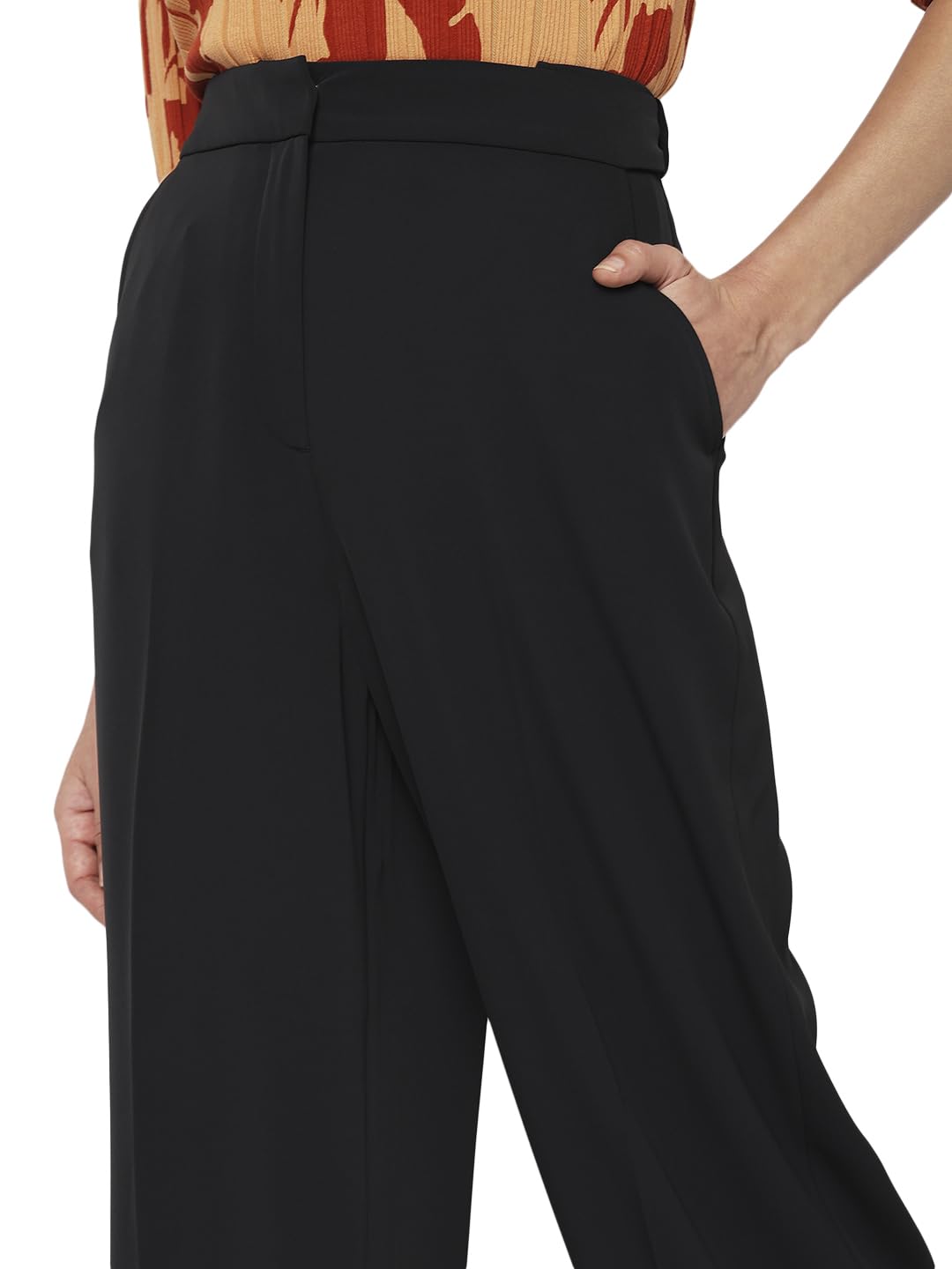 VERO MODA Women Solid Black Polyester Straight Fit High-Rise Pants