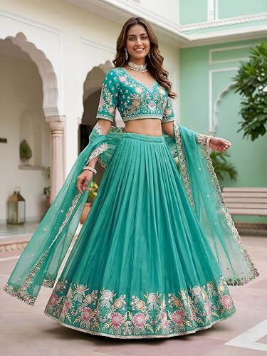 Zeel Clothing Women's Zari Sequins Embroidered Work Crush Silk Lehenga Choli With Dupatta (5138-SkyBlue-Women-Lehenga-Choli; Free size)